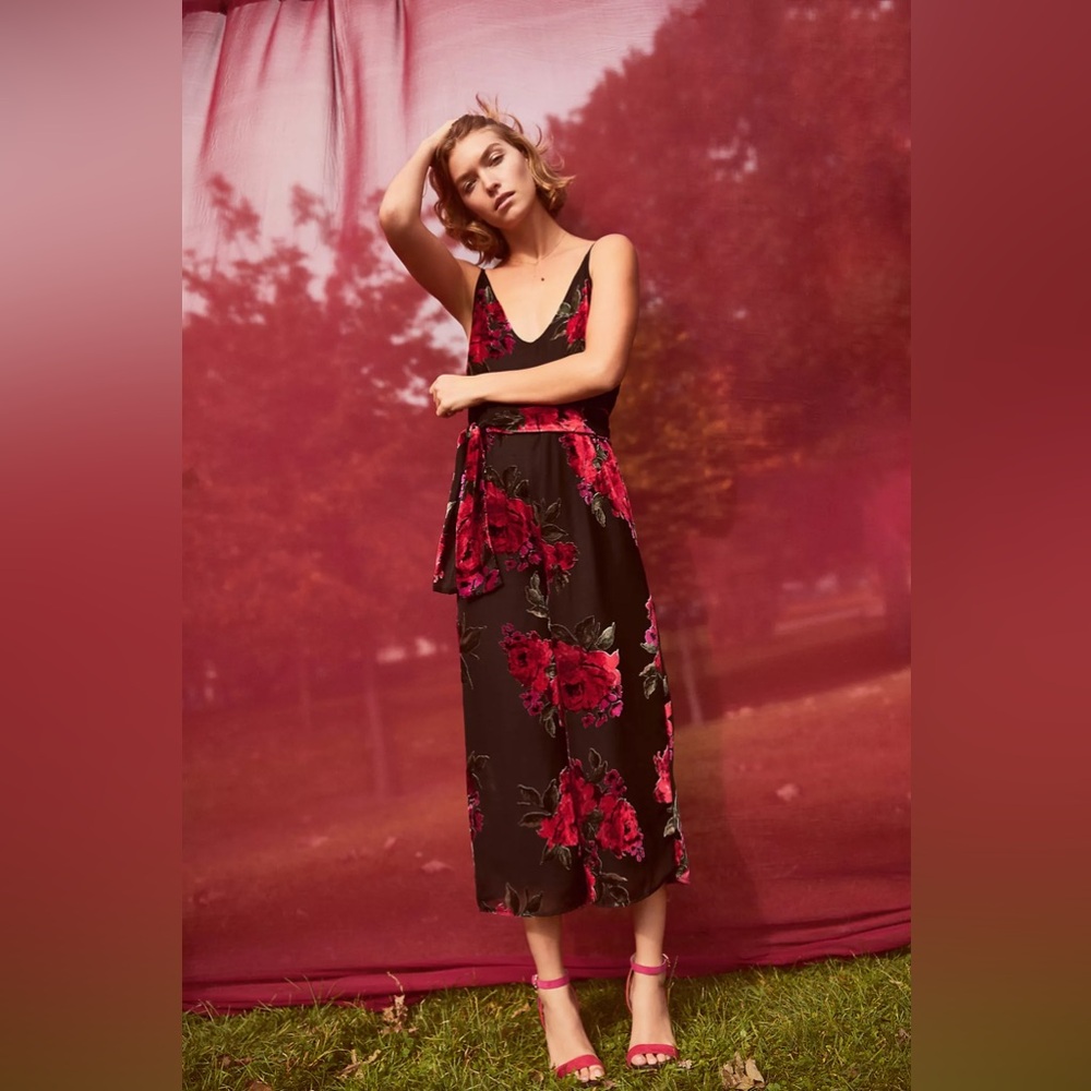 Anthropologie Ettwa Burnout Velvet Jumpsuit Black Red Floral Wide Leg small‎ - Picture 2 of 13